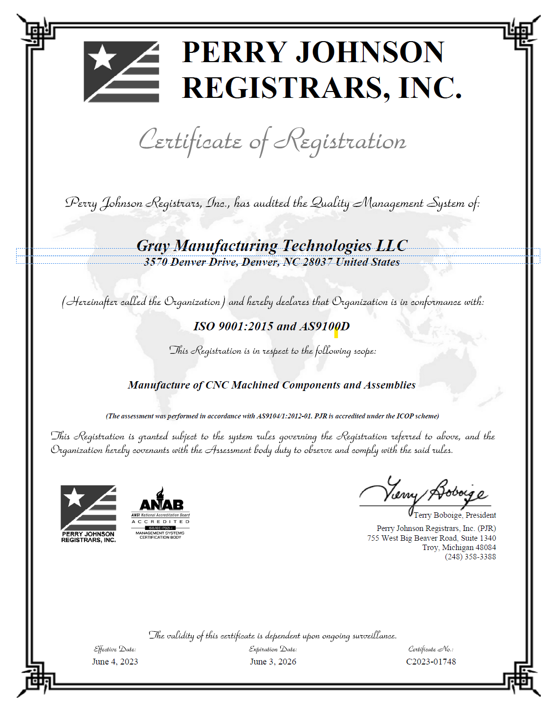 Gray Manufacturing AS9100D Certificate 2025 - Click for PDF